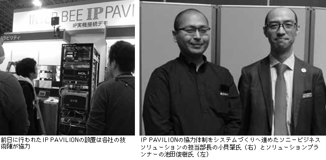 前日に行われたIP PAVILIONの設置は各社の技術陣が協力

IP PAVILIONの協力体制をシステムづくりへ進めたソ
ニービジネスソリューションの担当部長の小貝肇氏（右）
とソリューションプランナーの池田俊樹氏（左）